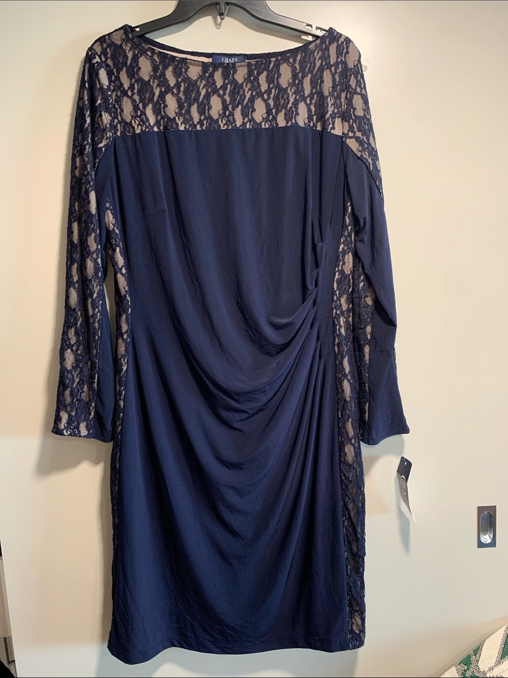 NWT Chaps Women’s Gown Dress Navy Lace-Yoke Ruched Long-Sleeve Dress Size XL